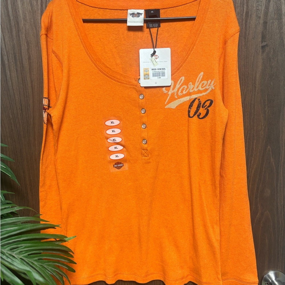 Harley-Davidson Orange Ribbed Long Sleeve Henley Top NWT XL